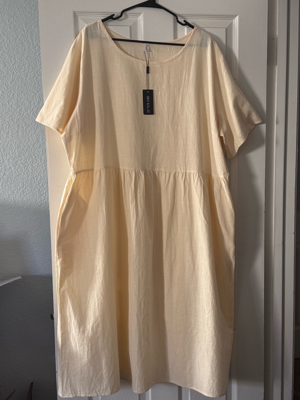 IN'VOLAND Butter Yellow Plus Size Cotton Linen Dress, Short Sleeve Midi, Pockets